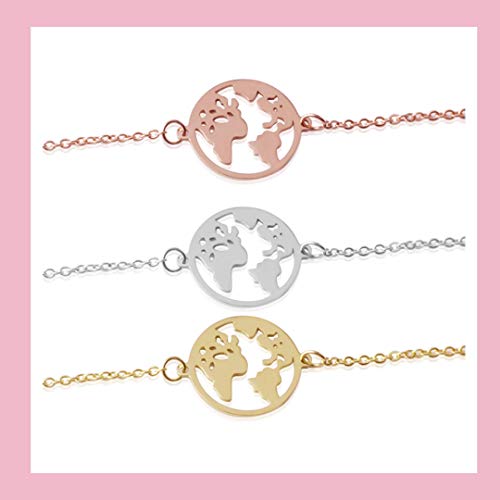 - Pulsera con cadena y colgante con globo terráqueo de GD Good. Designs est. 2015, de acero inoxidable en plata, oro u oro rosa, dorado, talla única