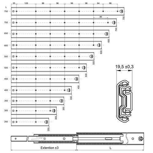 1 par (2 PIEZAS) SO-TECH® Guía para Cajón de Extracción Total 400 mm Capacidad de Carga 80 kg Carril de Cajón