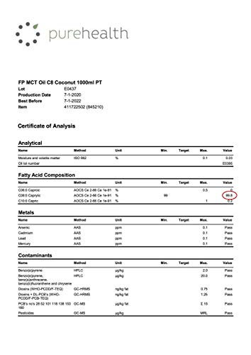 100% Aceite de coco C8 MCT | Pureza de 99% | Ácido Caprílico Puro C8 | NON_GMO | 1000ML | Paleo | Cetogénica | Vegana | Sin gluten | Sin BPA (1000ml Coco C8)