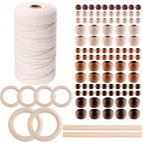 109 Yadrs Cordón de macramé natural de 3 mm con 6 anillos de madera, 2 varillas de madera y 100 cuentas de madera (diferentes colores y tamaños)