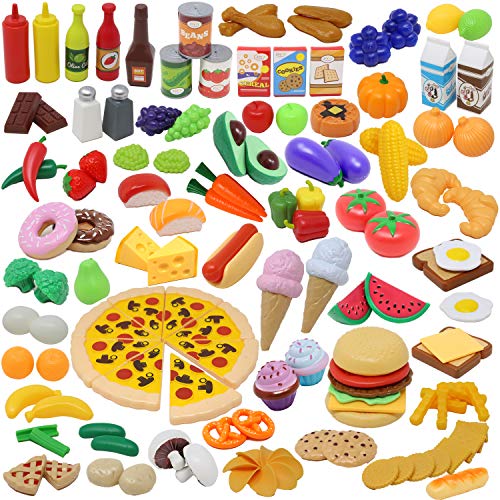 135pcs Corte de Frutas y Alimentos Verduras Pizza Juego de Plástico para Niños 3 Años, Accesorios de Cocina Set de Alimentos de Corte Juguete del Bebé