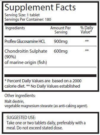 1500mg Glucosamine HLC and Chondroitin x 360 tablets (2 bottles with 180 tablets each - 6 months supply). The most effective and biologically active: Chondroitin 90%, Glucosamine HCL 83.1%. SKU: GC53x2