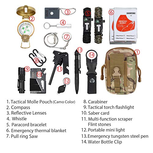 18 en 1 Kit de Supervivencia Bolsa Molle de Supervivencia Bolsa de Herramientas Multifuncional con Manta de Emergencia Equipo de Supervivencia de Emergencia para Viajar Caminar Acampar al Aire