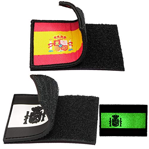 2 Parches bordados bandera España con Velcro - Color y Fluerescente - Escudos bordados - 2 Insignias - Parches Militares - 75 x 50 mm