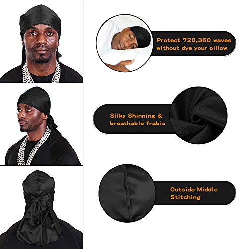 2 PCS Durag de Seda Para Hombres y Mujeres, Gorro de Onda Sedoso 360 Bandanas Piratas Para Hombre, Pañuelos de Cabeza de Satén Turbante Para el Cabello Con Cola Extra Larga y Correas Anchas