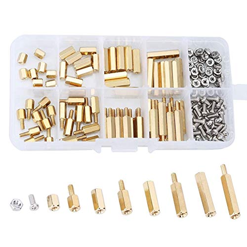 200 pcs M2.5 Male femelle laiton Spacer Plateau, Separadores Kit de tuercas de tornillo de acero inoxidable, Cobre latón Pilares Circuito Espaciador Redondo Cabeza de cilindro individual