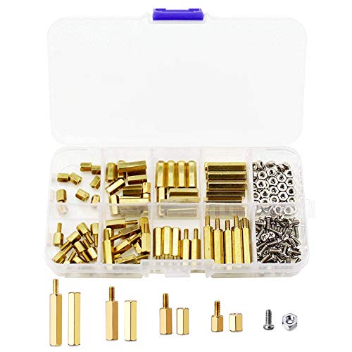 200 pcs M2.5 Male femelle laiton Spacer Plateau, Separadores Kit de tuercas de tornillo de acero inoxidable, Cobre latón Pilares Circuito Espaciador Redondo Cabeza de cilindro individual