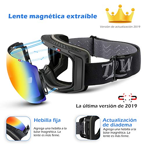 [2019 Nuevo] TDW Gafas de Esquí Anti-niebla, Lente magnética con Hebilla fija con Protección 100% UV, Esponja de 3 Capas,Compatible con Casco, Seguridad para Esquiar, Patinar y otros Deportes de Nieve