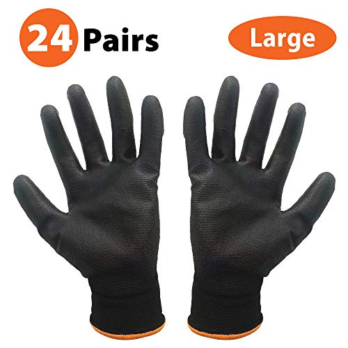 24 pares Guantes de trabajo Guantes de trabajo de manipulación general de nylon negro sumergido en palma de PU - Grandes