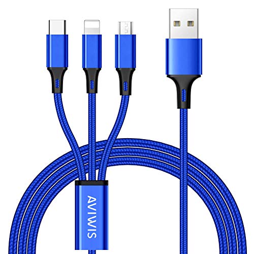 3 en 1 Multi Cable de Carga, AIVWIS 1.2M Cable Multiple Cargador Micro USB Tipo C Nylon Multi USB Cargador para Smartphones, Tablets, Xiaomi, Galaxy, Honor, OnePlus, LG, Kindle y Más - Azul