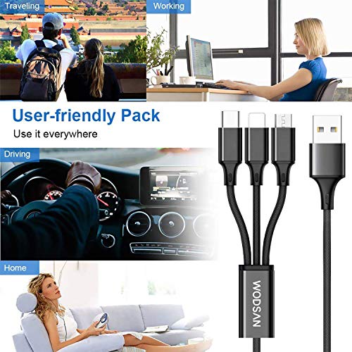 3 en 1 Multi Cable de Carga, WODSAN 1.2M Cable Multiple Cargador Micro USB Tipo C Nylon Multi USB Cargador para Android Samsung Galaxy S9/ S8/ S7/ A5, Huawei P20, Honor, Kindle, LG, Sony (Negro)