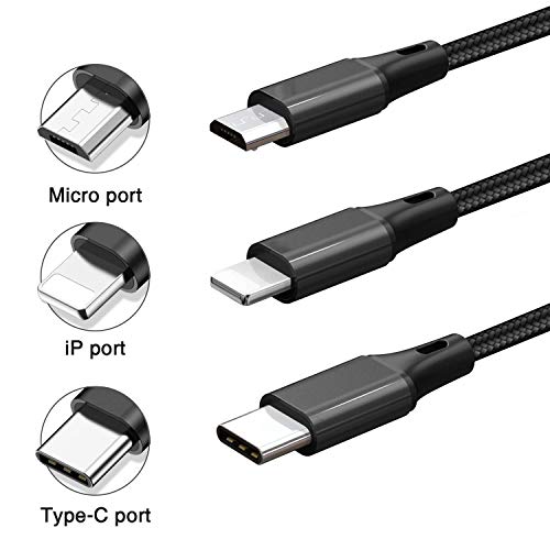 3 en 1 Multi Cable de Carga, WODSAN 1.2M Cable Multiple Cargador Micro USB Tipo C Nylon Multi USB Cargador para Android Samsung Galaxy S9/ S8/ S7/ A5, Huawei P20, Honor, Kindle, LG, Sony (Negro)