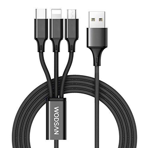 3 en 1 Multi Cable de Carga, WODSAN 1.2M Cable Multiple Cargador Micro USB Tipo C Nylon Multi USB Cargador para Android Samsung Galaxy S9/ S8/ S7/ A5, Huawei P20, Honor, Kindle, LG, Sony (Negro)