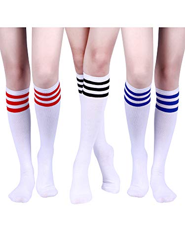 3 Pares de Calcetines a Rayas Triples Clásicos Calcetines Altos de Mulso Rodilla Calcetines de Tubo de Algodón Suave de Mujeres para Disfraz, 3 Colores (Conjunto de Colores 1)