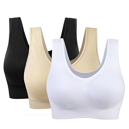 3 Piezas Sujetador Deportivo para Mujeres Sin Costuras Yoga Racerback Top con Almohadillas Extraíbles Ultimate Corriendo Gimnasio Ropa (3XL: 44/46, Desnudo&Negro&Blanco)