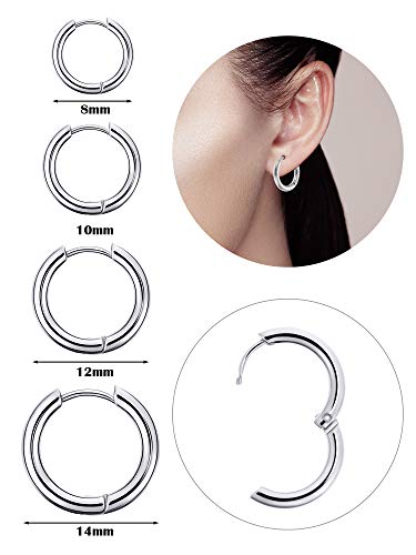 4 Pares Aretes de Aro de Acero Inoxidable Nariz Anillos de Labios Aretes de Aro de Cartílago Pequeños para Hombres y Mujeres Favores Accesorios, 8 mm, 10 mm, 12 mm, 14 mm