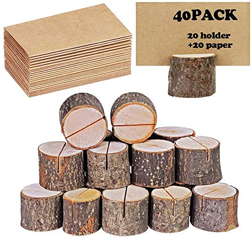 40 portatarjetas rústico de madera con soporte de madera para tarjetas de mesa, soporte para tarjetas de números, soporte para tarjetas de notas, para bodas (20 soportes + 20 lugares de papel kraft)