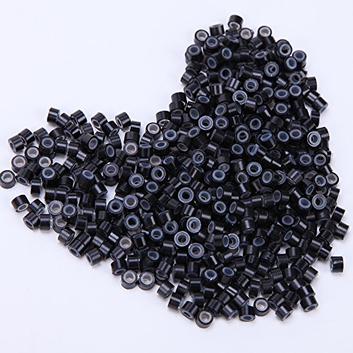 500 unidades Anillas Siliconadas Micro Anillo Cuentas para Extensiones de Cabello Natural Queratina I Tip - Micro Rings 5mm Silicone Lined Links Beads [Negro]
