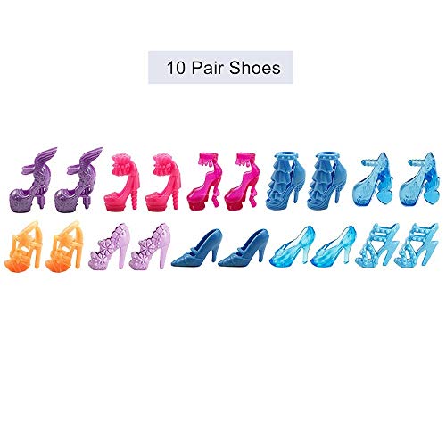 50PCS Ropa Zapatos y Accesorios para Muñeca con 10 Mini Vestidos de Moda, 10 Zapatos de París, 10 Perchas y 10 Joyas Pendientes Collar Accesorios para Muñecas de Juguete Niñas Regalo de Cumpleaños