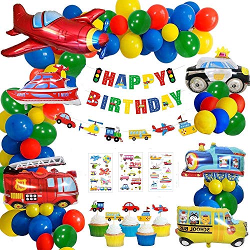 58 Piezas Cumpleaños Decoraciones Partido, Globos Cumpleaños de Niños, Transporte Tema Avión Tren Coche de policía Autobús Escolar Yate Camión de Bomberos Primeros de la Torta para Niño Cumpleaños