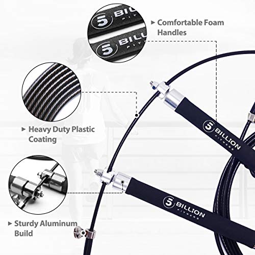 5BILLION Cuerda para Saltar de Velocidad-Aluminio-Ajustable con Rodamiento de Bolas-Entrenamiento para el Entrenamiento Doble, Entrenamiento Cruzado, Ejercicio, WOD, MMA y Boxing (Plateado)