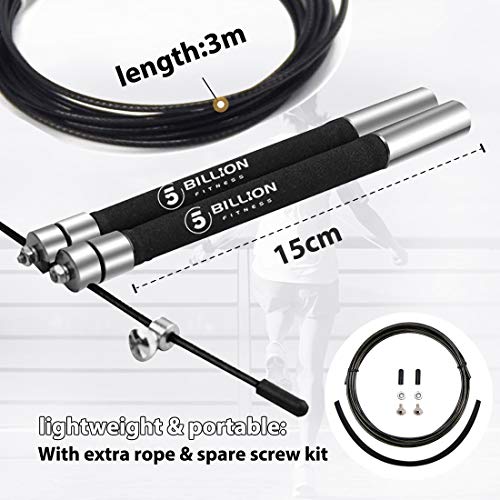 5BILLION Cuerda para Saltar de Velocidad-Aluminio-Ajustable con Rodamiento de Bolas-Entrenamiento para el Entrenamiento Doble, Entrenamiento Cruzado, Ejercicio, WOD, MMA y Boxing (Plateado)