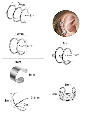 6 Pares de Clips de Oreja de Acero Inoxidable Aro de Oreja sin Perforación Puños de Oreja Clips de Cartílago Juego para Hombres Mujeres, 6 Estilos Varios (Color de Acero)