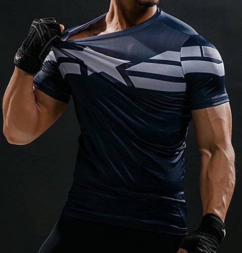 A. M. Sport Camiseta Fitness Compresion Hombre con Dibujos de Superheroes para Entrenar y Hacer Deporte. Licras (Capitan America Básica) - L