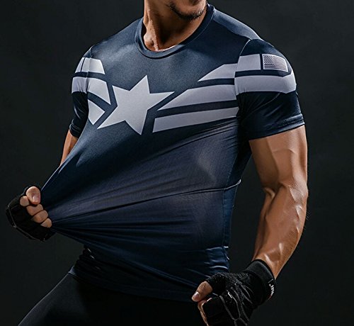 A. M. Sport Camiseta Fitness Compresion Hombre con Dibujos de Superheroes para Entrenar y Hacer Deporte. Licras (Capitan America Básica) - L