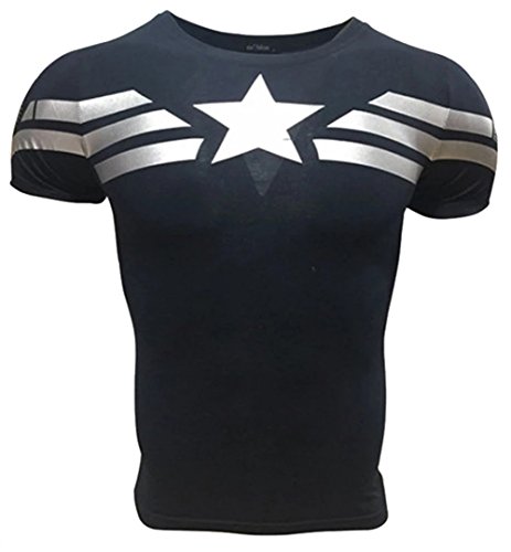 A. M. Sport Camiseta Fitness Compresion Hombre con Dibujos de Superheroes para Entrenar y Hacer Deporte. Licras (Capitan America Básica) - L