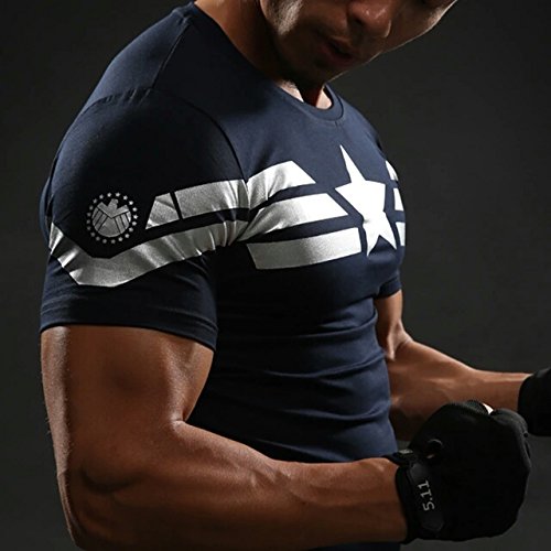 A. M. Sport Camiseta Fitness Compresion Hombre con Dibujos de Superheroes para Entrenar y Hacer Deporte. Licras (Capitan America Básica) - L