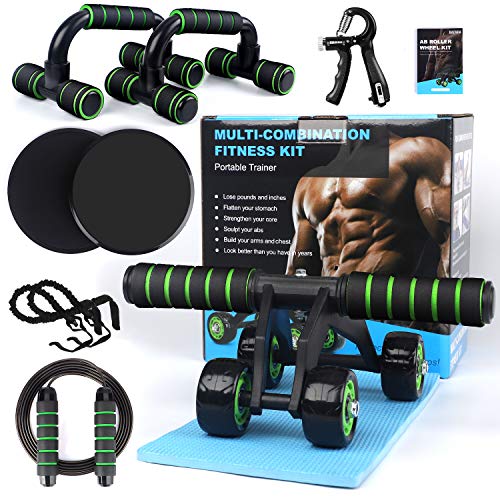 AB Roller Rodillo Abdominales 7-en-1 Set de Ejercitar,Rueda Abdominal,Push up Bars,Cuerda para Saltar,Ejercitador de dedos,Bandas de Resistencia,Discos Deslizantes,Almohadilla para Rodilla