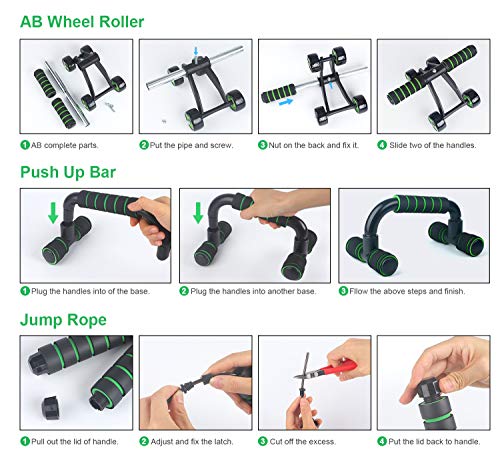 AB Roller Rodillo Abdominales 7-en-1 Set de Ejercitar,Rueda Abdominal,Push up Bars,Cuerda para Saltar,Ejercitador de dedos,Bandas de Resistencia,Discos Deslizantes,Almohadilla para Rodilla