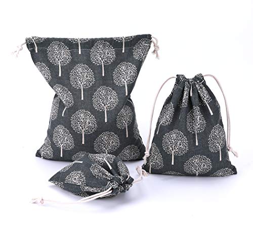 abaría - Set de 4 Bolsos Tela algodón Grande - Organizadores Bolsas con Cuerda - árbol Gris