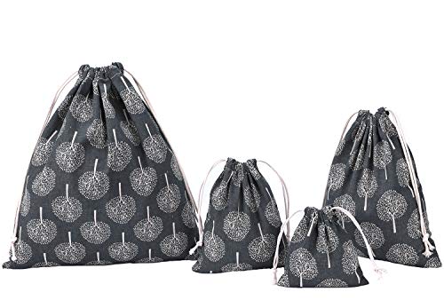 abaría - Set de 4 Bolsos Tela algodón Grande - Organizadores Bolsas con Cuerda - árbol Gris