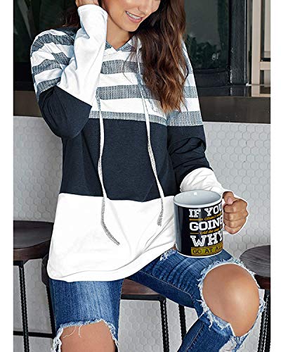 ABRAVO Mujer Sudadera con Capucha Manga Larga Jerséis Sueltos Sudadera con Estampado la Camiseta Otoño Invierno Mujer Chándal (L, Rayado Blanco)