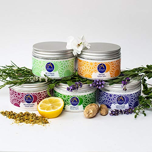 Absolute Aromas Set de Sales de Epsom 5 x 300g Destress, Detox, Lavender, Mobility y Relaxation - Sulfato de Magnesio Infundido con Aceites Esenciales 100% Puros