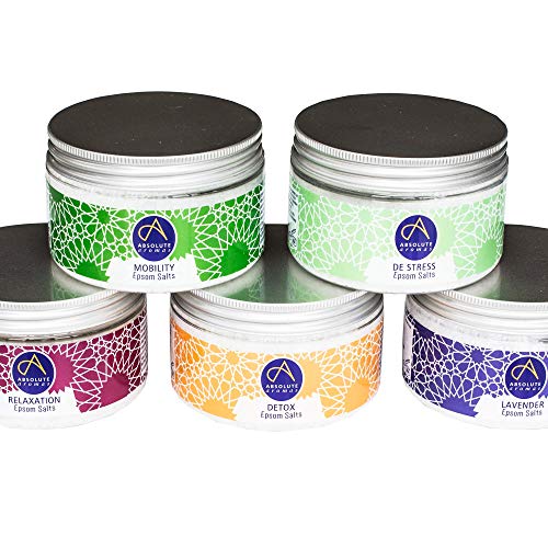 Absolute Aromas Set de Sales de Epsom 5 x 300g Destress, Detox, Lavender, Mobility y Relaxation - Sulfato de Magnesio Infundido con Aceites Esenciales 100% Puros