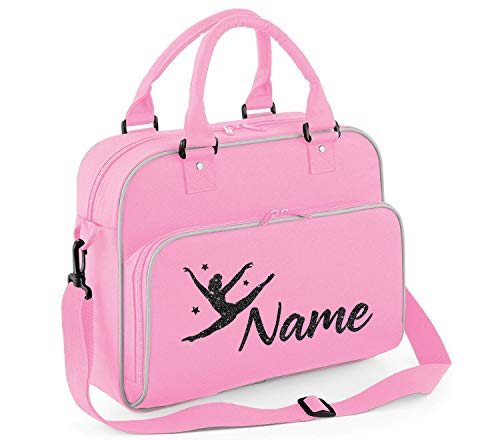 Absolutely Top - Bolsa de Baile Personalizable para niñas de Gimnasia con Purpurina, Ribete Negro y Rosa/impresión de Purpurina Plateada.