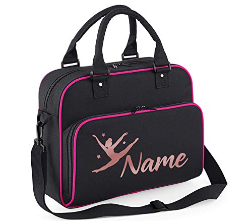 Absolutely Top - Bolsa de Baile Personalizable para niñas de Gimnasia con Purpurina, Ribete Negro y Rosa/impresión de Purpurina Plateada.