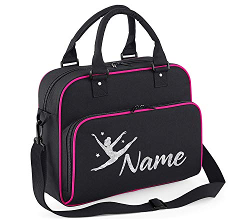 Absolutely Top - Bolsa de Baile Personalizable para niñas de Gimnasia con Purpurina, Ribete Negro y Rosa/impresión de Purpurina Plateada.