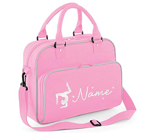 Absolutely Top - Bolsa de Gimnasia Personalizada para niños y niñas con Purpurina, Ribete Morado y Gris/impresión de Purpurina Blanca.