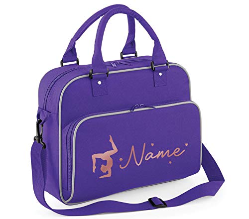 Absolutely Top - Bolsa de Gimnasia Personalizada para niños y niñas con Purpurina, Ribete Morado y Gris/impresión de Purpurina Blanca.