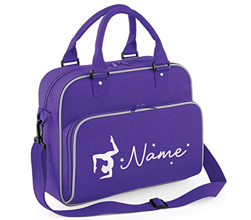 Absolutely Top - Bolsa de Gimnasia Personalizada para niños y niñas con Purpurina, Ribete Morado y Gris/impresión de Purpurina Blanca.