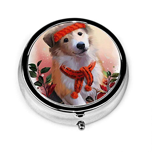 Acción de gracias Fall Collie Dog Cute Vintage Novedad Round Pill Box Pocket Medicine Tablet Holder Organizador Funda para monedero