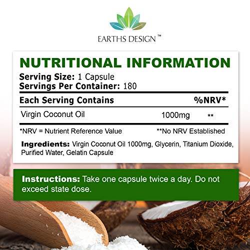 Aceite de Coco - 1000mg - Virgen y Puro con Ácidos Grasos Naturales TCM - Coconut Oil - Para Hombres y Mujeres - 180 Cápsulas (Suministro Para 3 Meses) de Earths Design