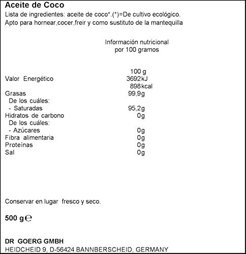 Aceite de Coco Alimenticio Virgen Extra Bio 500 ml Dr. Goerg