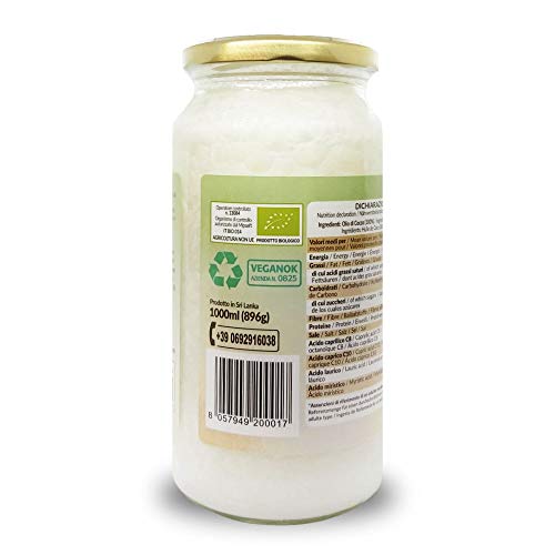 Aceite de Coco Ecológico Extra Virgen 1000 ml. Crudo y prensado en frío. 100% Orgánico, Puro y Natural. Aceite bio nativo no refinado. País de origen Sri Lanka. NaturaleBio