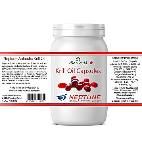 Aceite de Krill cápsulas 90 o 270, 100% puro NEPTUNE aceite de krill premium - Omega 3,6,9 astaxantina, fosfolípidos, colina, vitamina E - Calidad de la marca MoriVeda (1x90)