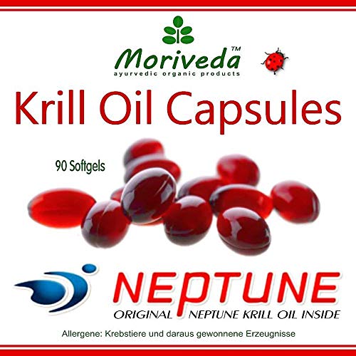 Aceite de Krill cápsulas 90 o 270, 100% puro NEPTUNE aceite de krill premium - Omega 3,6,9 astaxantina, fosfolípidos, colina, vitamina E - Calidad de la marca MoriVeda (1x90)